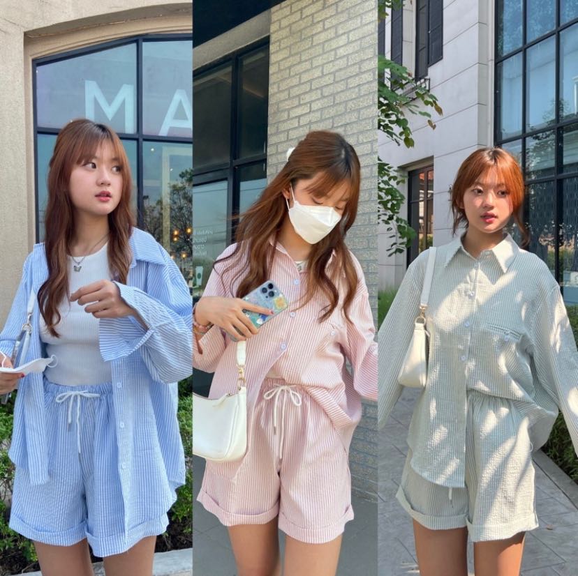 BABY BAMBOO shirts set 🪣🧴ชุดเซ็ต เสื้อเชิ้ตแขนยาวและกางเกงขาสั้นลายทาง มี3สี (C7568) 