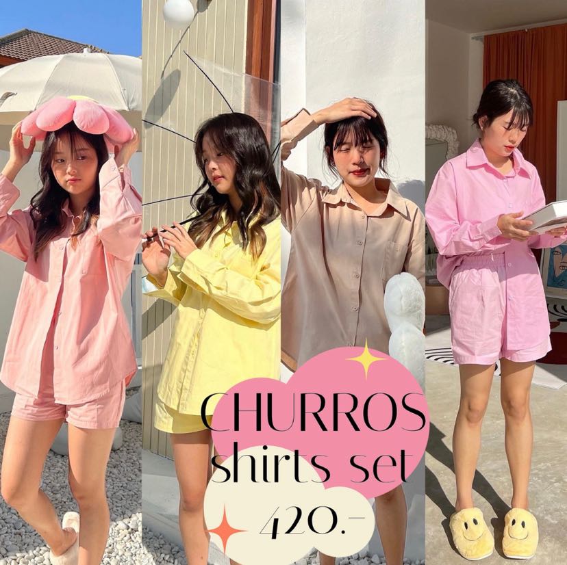 CHURROS shirts set  🍢🥯 ชุดเซ็ต เสื้อเชิ้ตแขนยาวและกางเกงขาสั้นสีพื้นพาสเทล มี4สี (C7552)