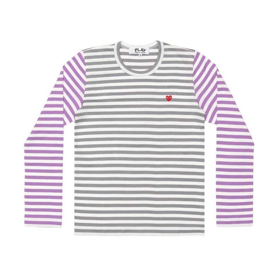 PLAY COMME DES GARCONS SMALL RED HEART STRIPED L/S T-SHIRT (GRAY x PURPLE)