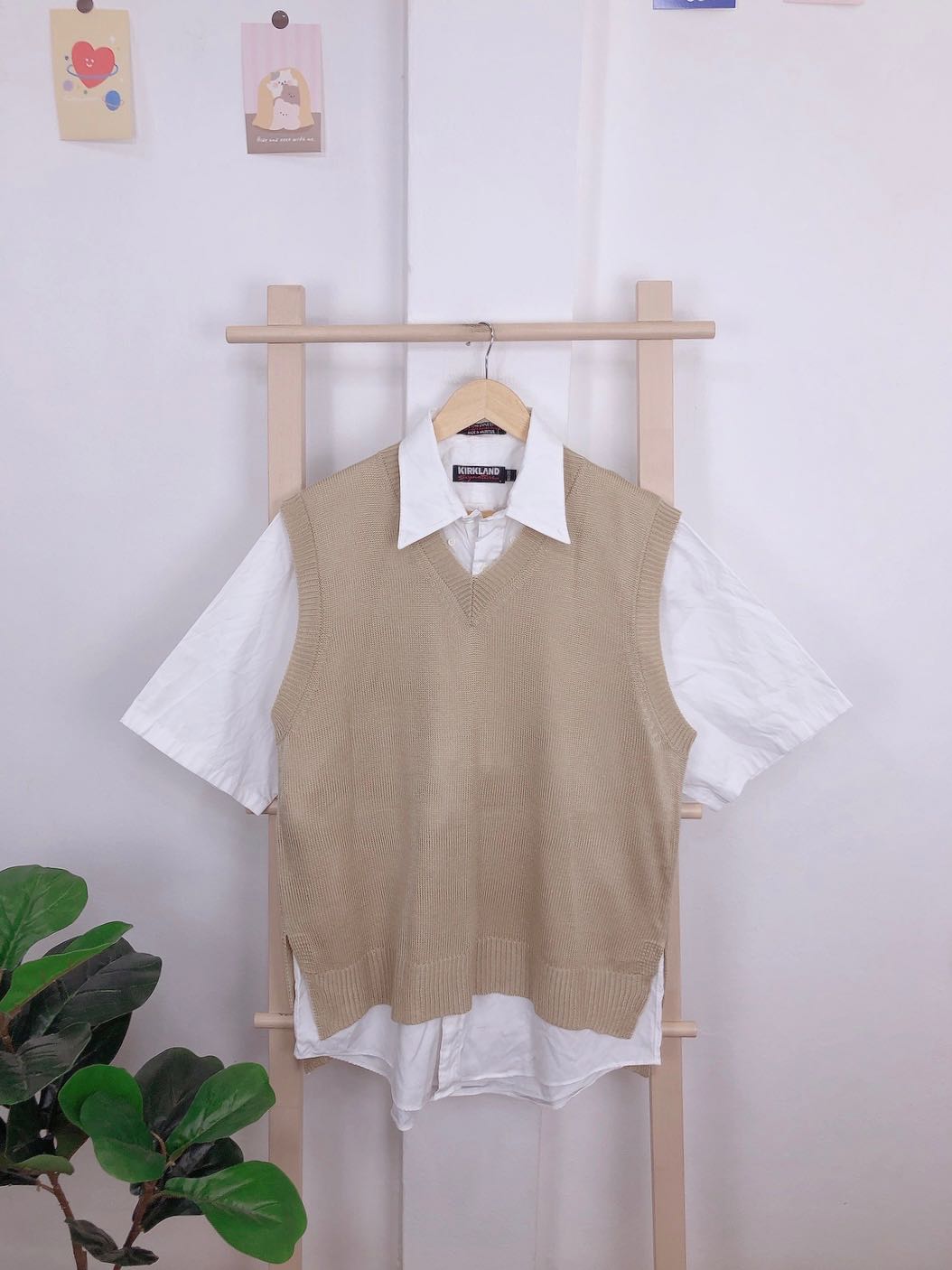 เซ็ตกั๊กโอเวอร์ไซร้สีเบจ+คอปกแขนสั้น