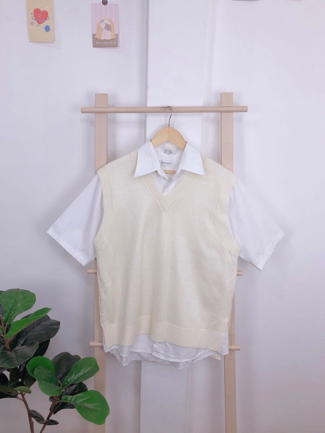 เซ็ตกั๊กโอเวอร์ไซร้สีครีม+คอปกแขนสั้น