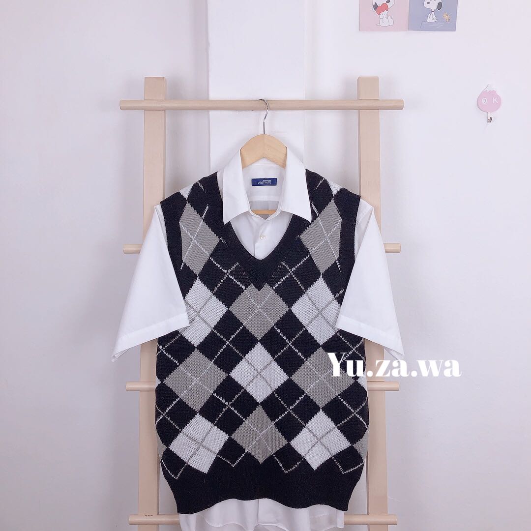 เซ็ตกั๊กสก๊อตสีดำ+คอปกแขนสั้น