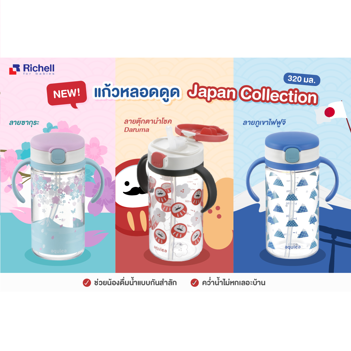 Best Seller NEW!! Richell แก้วน้ำลายใหม่ Japan Collection 320ml