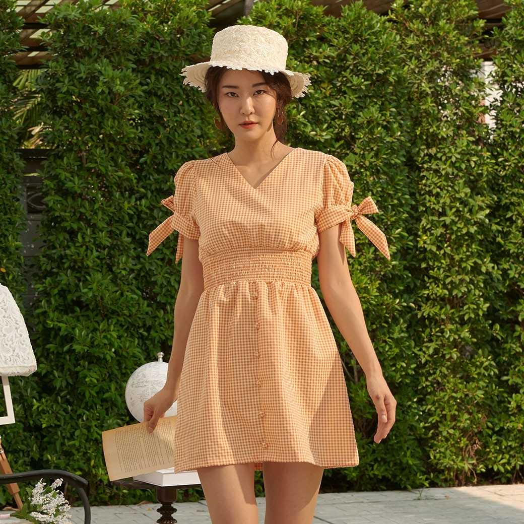 Orange Scott Dress - My vacation MV07 เดรสสั้นลายสก็อตสีส้ม