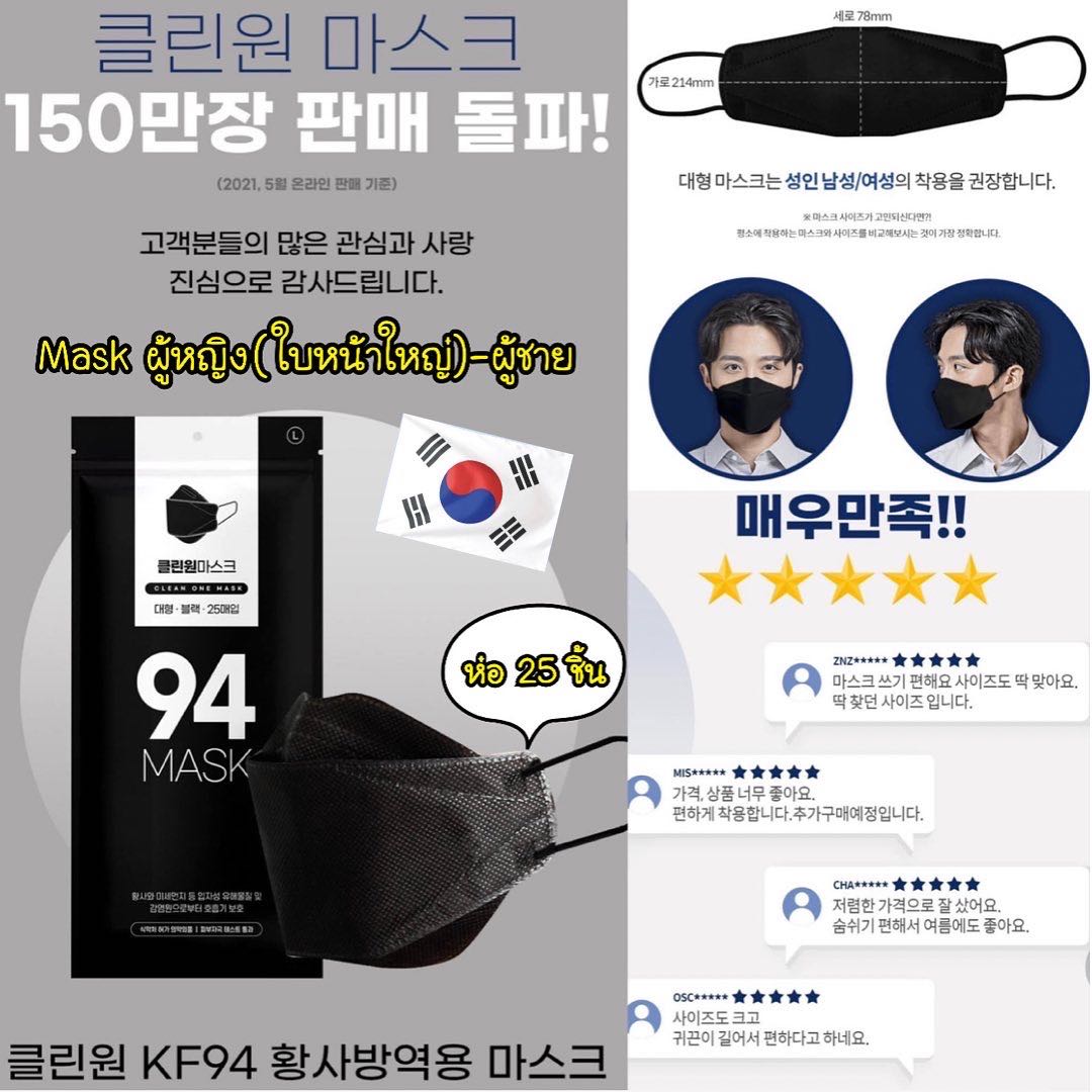 หน้ากากเกาหลี KF94 ขนาด 25 ชิ้น สำหรับผู้หญิงหน้าอวบ-ผู้ชาย