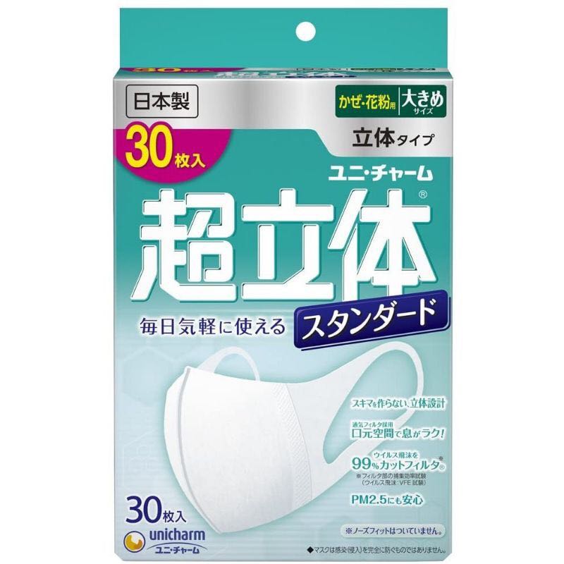 หน้ากากอนามัย Unicham Size large  made in japan ป้องกันฝุ่นระอองระดับ 2.5 PM และเชื้อไวรัส 99.9 %