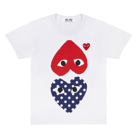 Play Comme Des Garcons -- เสื้อยืด Play Comme หัวใจจุดน้ำเงินกับหัวใจแดงกลับหัว