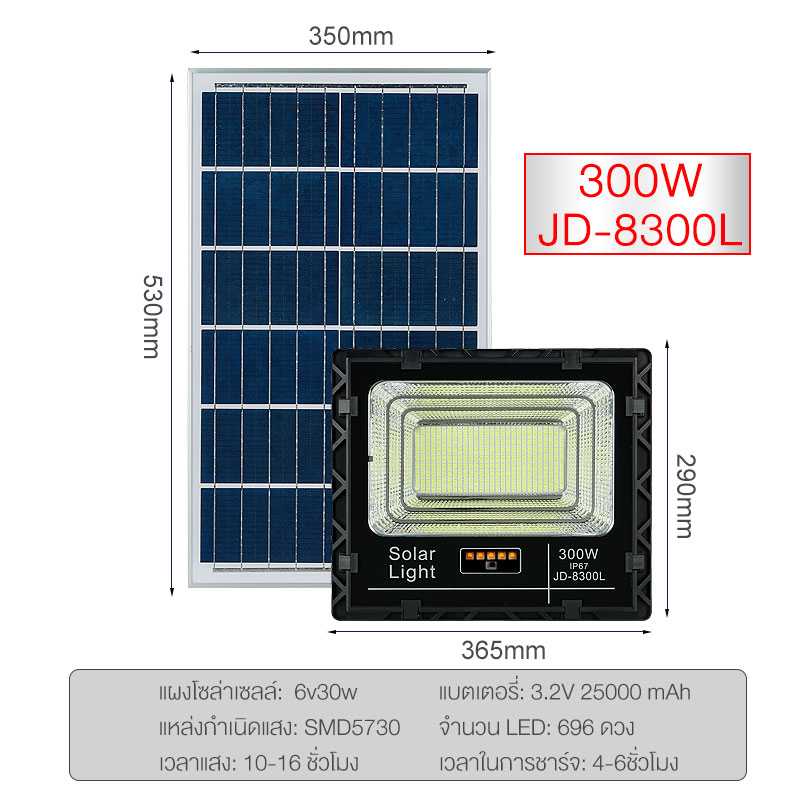 JD-8300L ไฟโซล่าเซลล์ ขนาด 300 วัตต์ มีแถบสถานะชาร์จแสงอาทิตย์