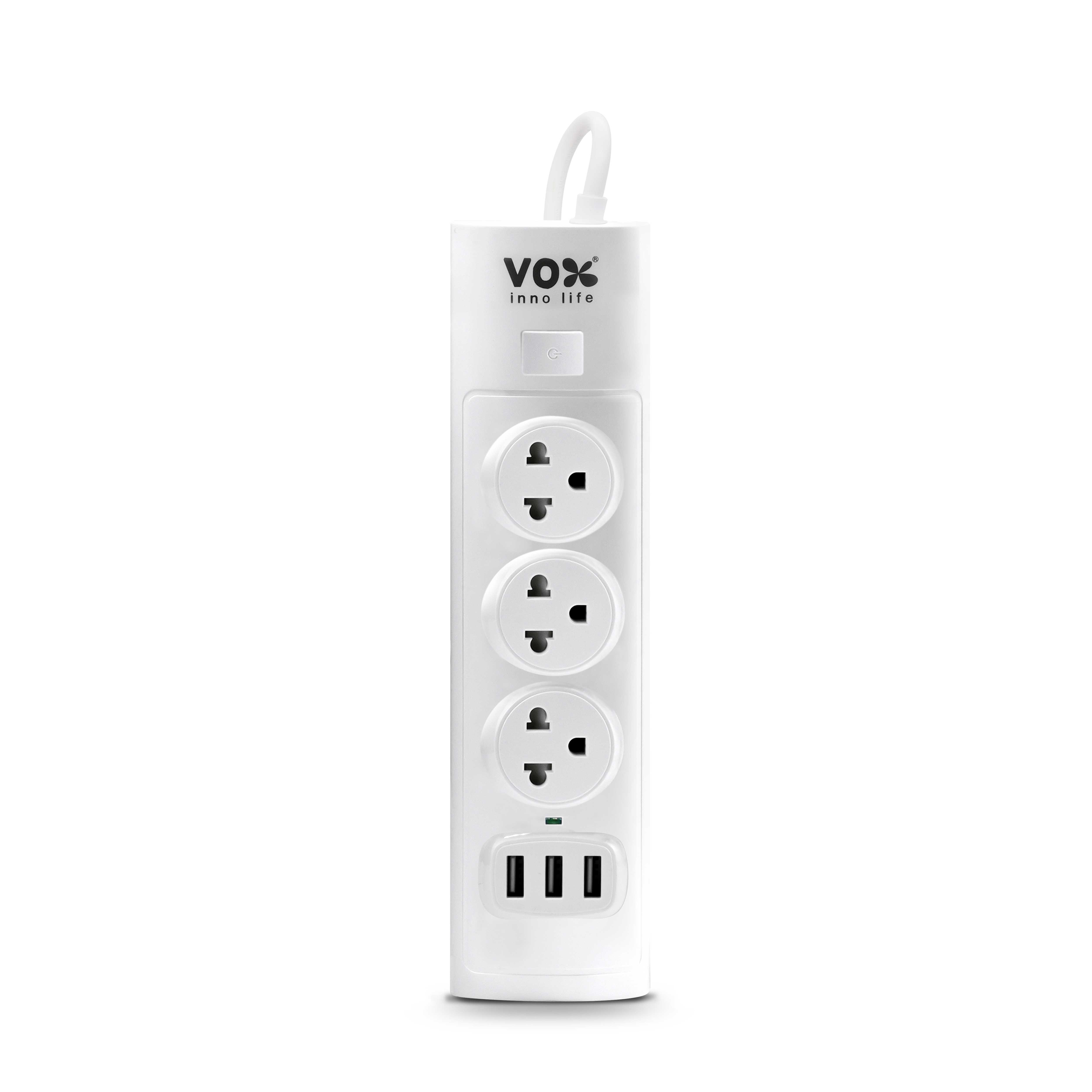 Vox NOVA SERIES ปลั๊กไฟ รุ่น NV-133U : 1 สวิตช์ 3 ช่องเสียบ 3 ยูเอสบี  สีขาว 5 เมตร