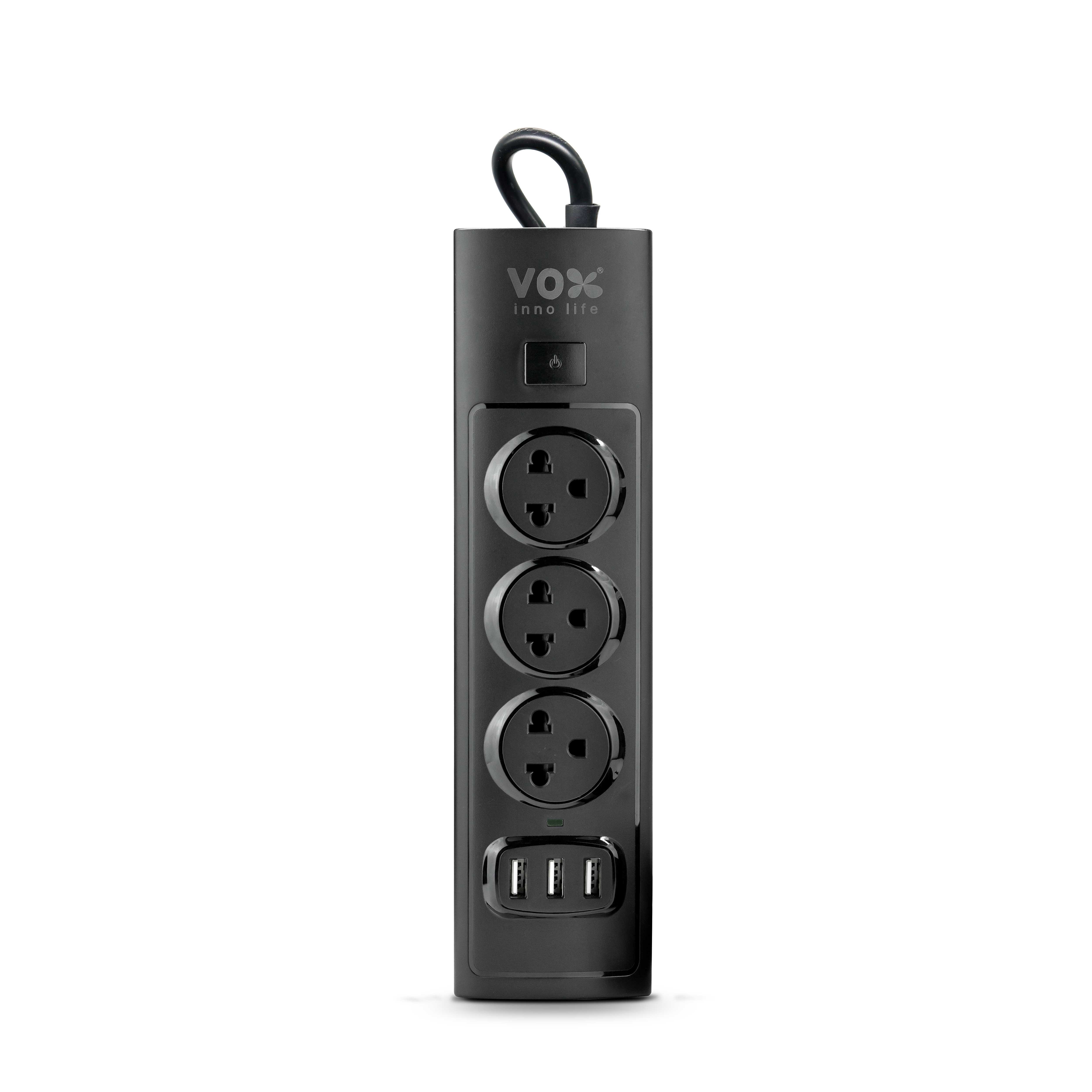 Vox NOVA SERIES ปลั๊กไฟ รุ่น NV-133U : 1 สวิตช์ 3 ช่องเสียบ 3 ยูเอสบี  สีดำ 3 เมตร