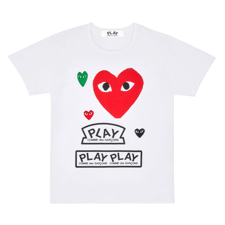 Play Comme Des Garcons -- เสื้อยืด Play Comme หัวใจหลายดวงสีแดงแขนสั้น