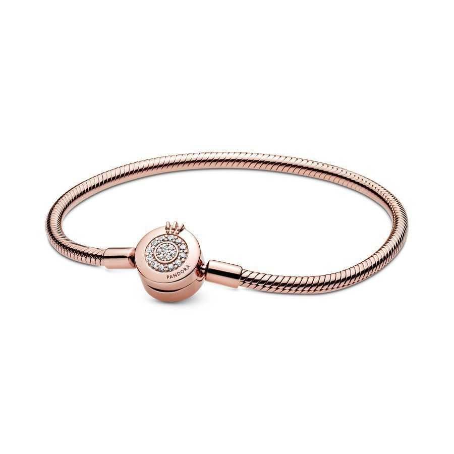 Snake chain Pandora Rose bracelet and crown O clasp with clear cubic zirconia