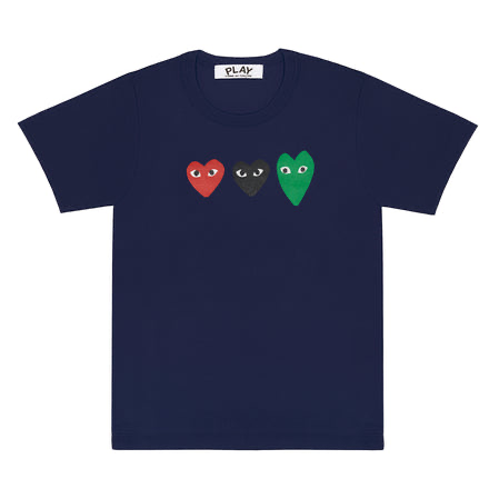 Play Comme Des Garcons -- เสื้อยืด Play Comme พื้นสีกรมหัวใจ 3 ดวง