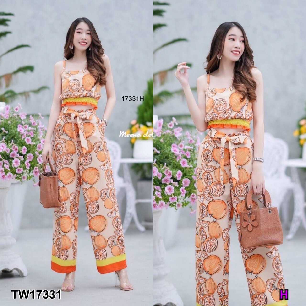Set 2 ชิ้น พร้อมส่งค่า เสื้อครอปสายเดี่ยวลายส้ม ดีเทลเอวจั้มตัดต่อผ้าลายเชิงมีสม๊อคที่เอว