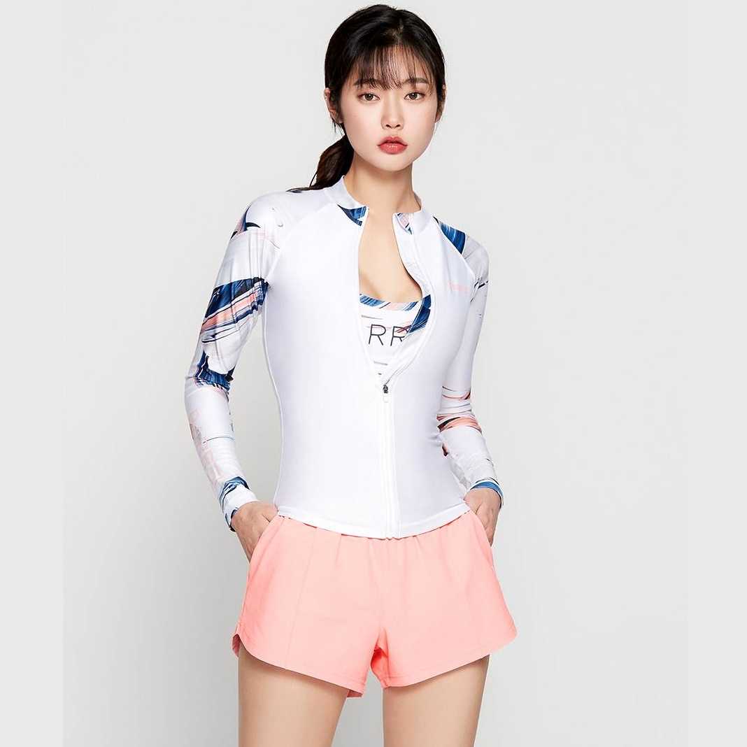 Women Piha Pattern Zip Up Rashguard WHITE