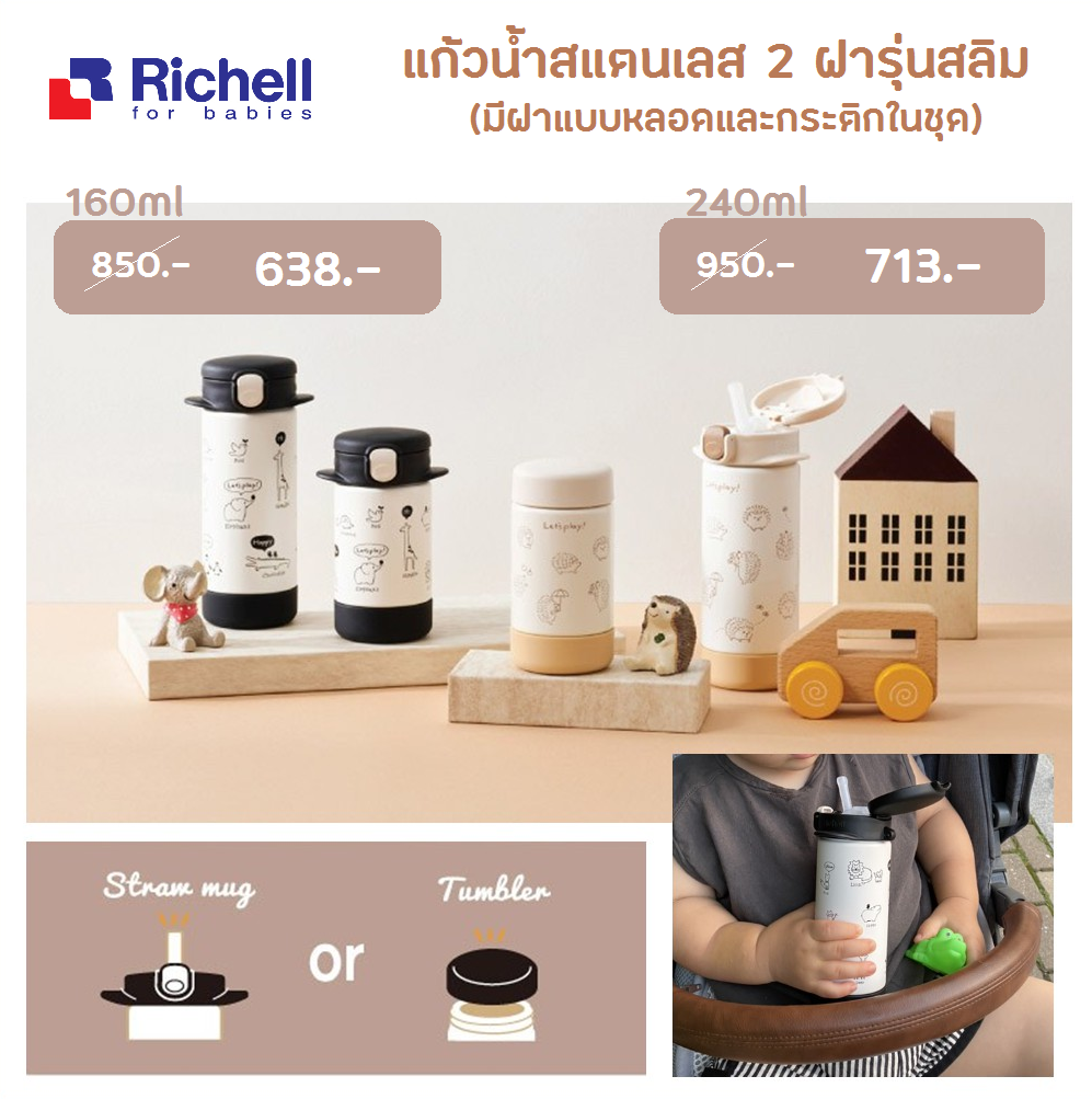 Best Seller Richell แก้วน้ำสแตนเลส 2 ฝารุ่นสลิม (มีฝาแบบหลอดและกระติกในชุด)