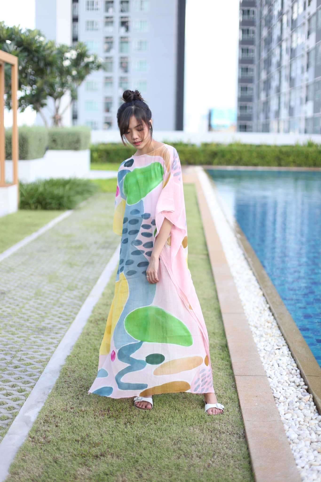 (Pre-order)  Kaftan Cotton Rayon Hand Paint คาฟทานคอตต้อนเรยอนแฮนด์เพ้นท์