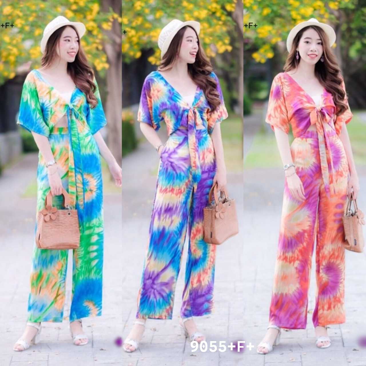 Set 2 ชิ้น เสื้อผูกอก+กางเกงขายาว ผ้าสปันลายมัดย้อม กางเกงเอวยางยืดหลัง