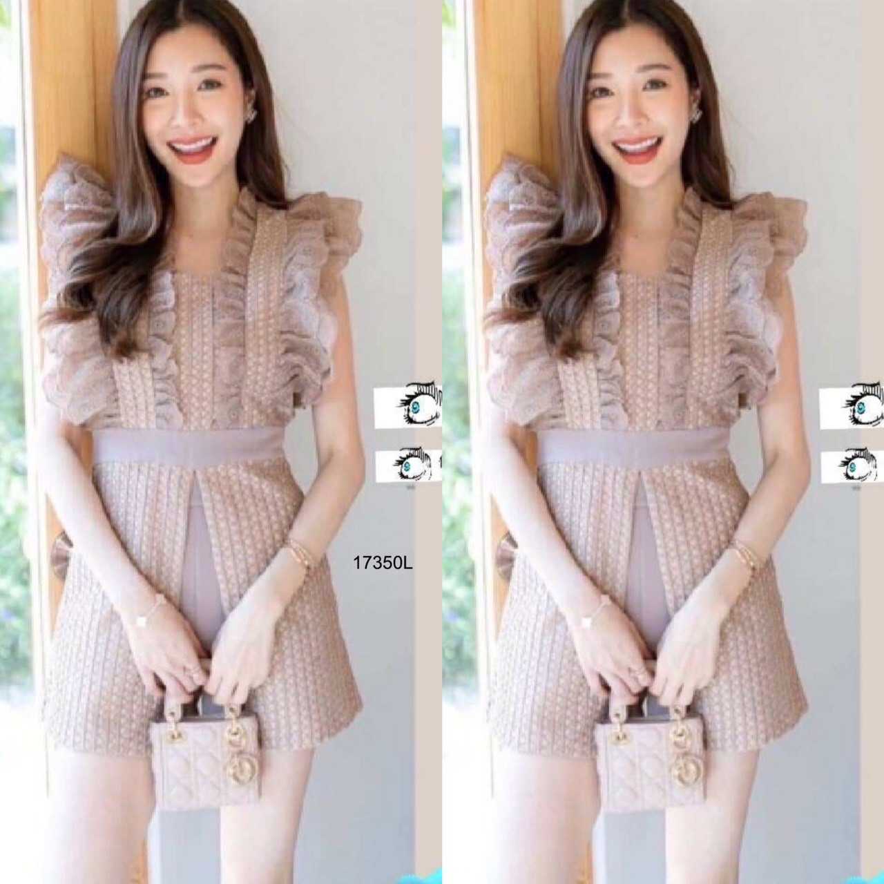 Set 2 ชิ้น เสื้อลูกไม้แขนกุด ผ่าหน้า + กางเกงขาสั้น 