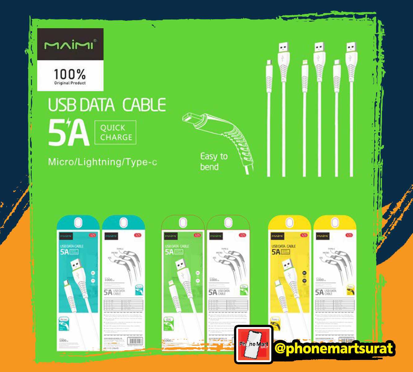 สายชาร์จ Maimi X29 สายชาร์จเร็ว 5A (Quick Charge)/(Micro,Type-C,Lightning)