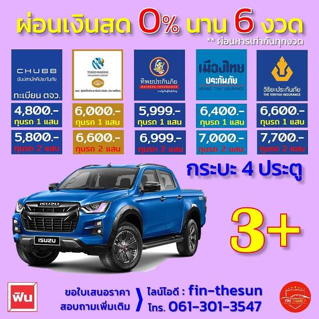 ประกัน 3+ กระบะ 4 ประตู ผ่อนได้ 0% นาน 6 งวด