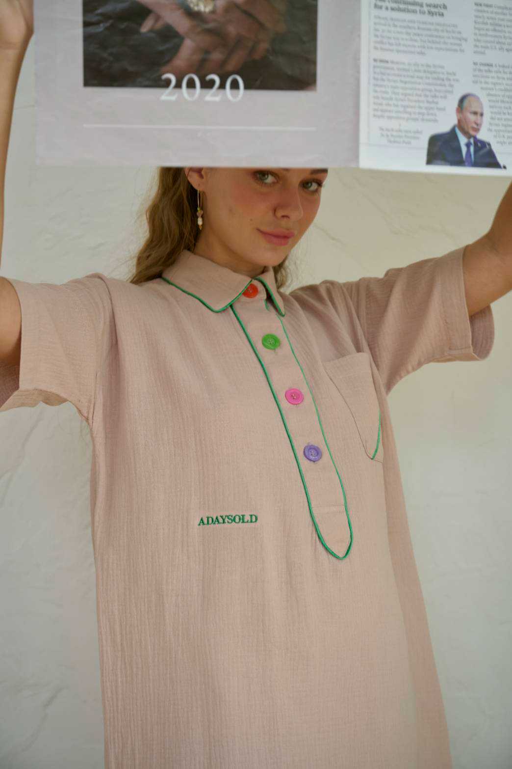 Tent organic bubble cotton dress ชุดนอนกระโปรง  แต่งกระดุมเล่นสี ปักชื่อที่เอว ใส่เที่ยวได้