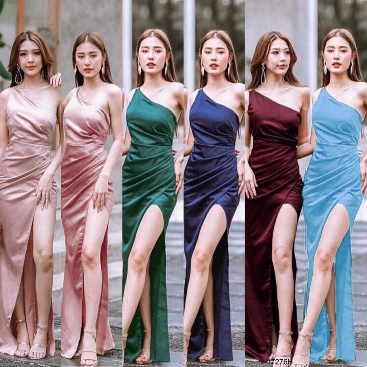 แม็กซี่เดรสสายเดี่ยวไหล่เดียว ผ้าซาร่าเงา สีพื้น