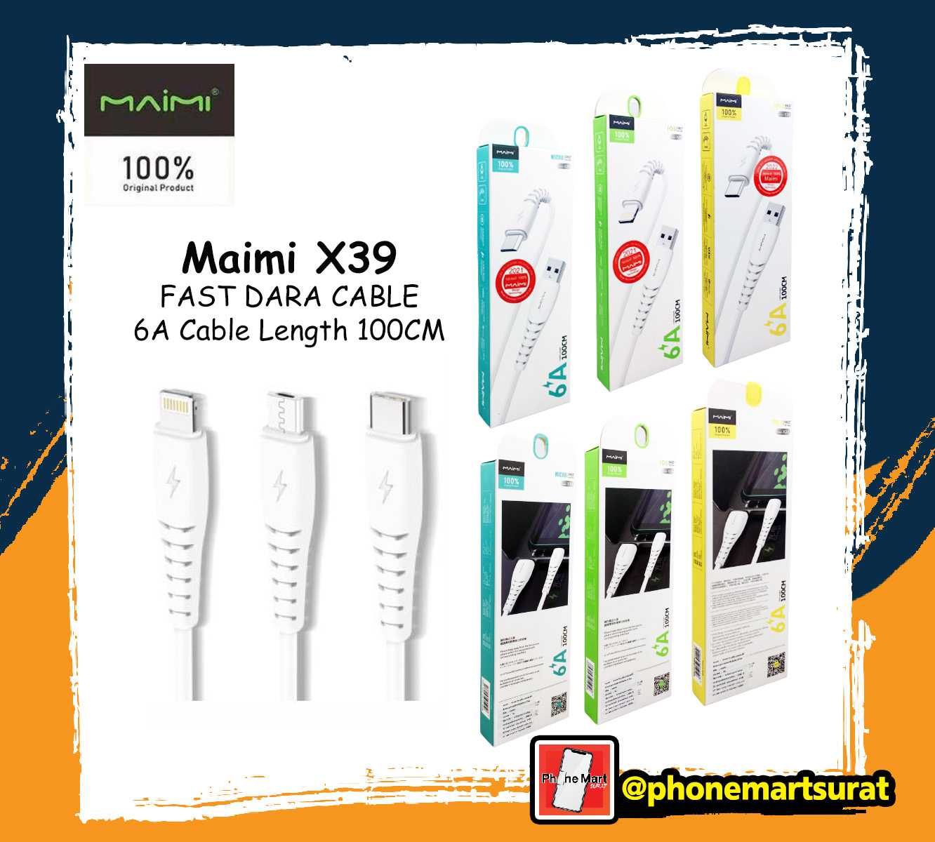 สายชาร์จ Maimi X39 สายชาร์จเร็ว 6A (Fast Data Cable)/(Micro,Lightning,Type-C)