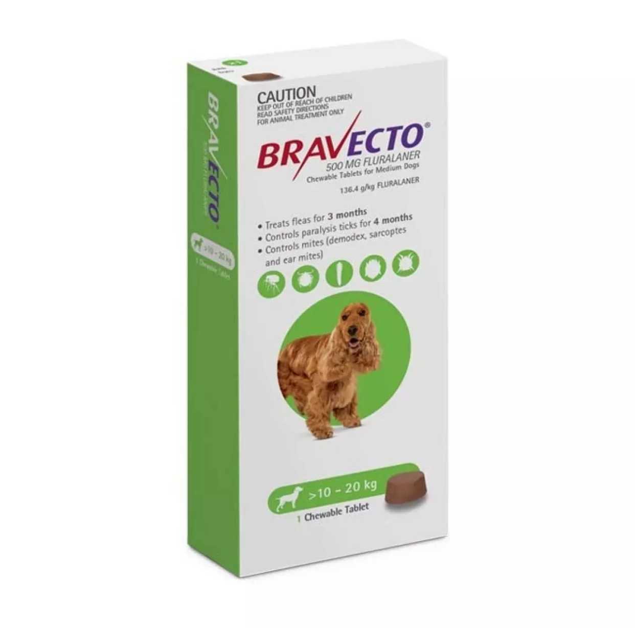 Bravecto บราเวคโต้ 500 mg กำจัดเห็บหมัด สุนัข 10-20 Kg (คุม 3 เดือน) ชนิดเม็ด