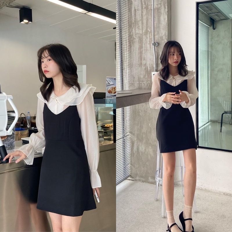 LITTLE ME shirts & dress 🌷🧸  เสื้อเชิ้ตแขนยาวผ้าซีฟองสีเบจ & เดรสสั้นสายเดี่ยวสีดำ (C7644)(C7645) 