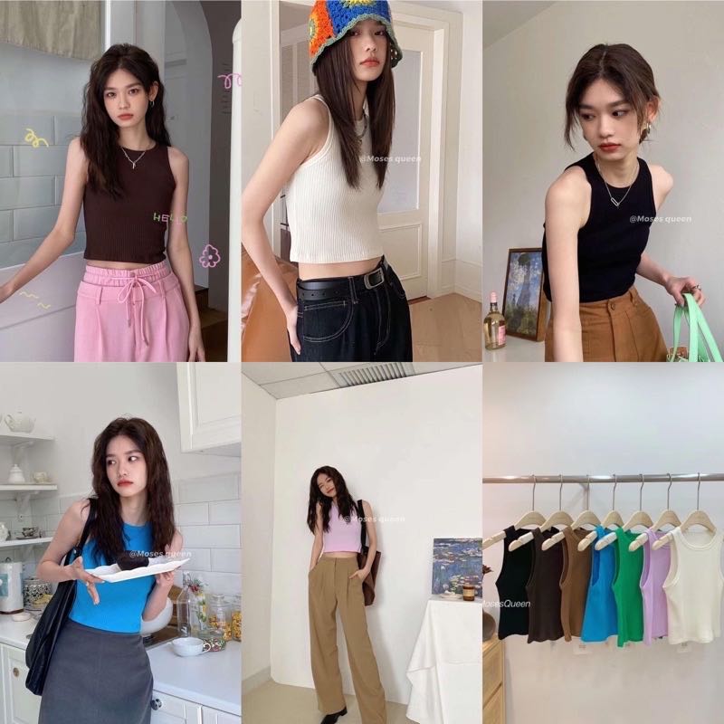 POUNCE tank tops 🥦🍅  เสื้อกล้ามเว้าไหล่ทรงครอปผ้าร่องสีพื้น มี7สี (C7624) 