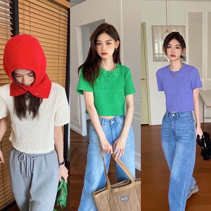 CRACKER crop tops 🎆🥦 เสื้อครอปท็อปแขนสั้นผ้าย่น มี3สี (C7627) 