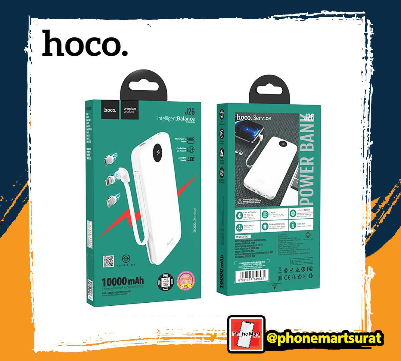 แบตสำรอง HOCO J26 10000mAh พร้อมกับหัวชาร์จแม่เหล็ก 3 แบบ Micro/Type-Cและ Lightning ถอดเปลี่ยนได้