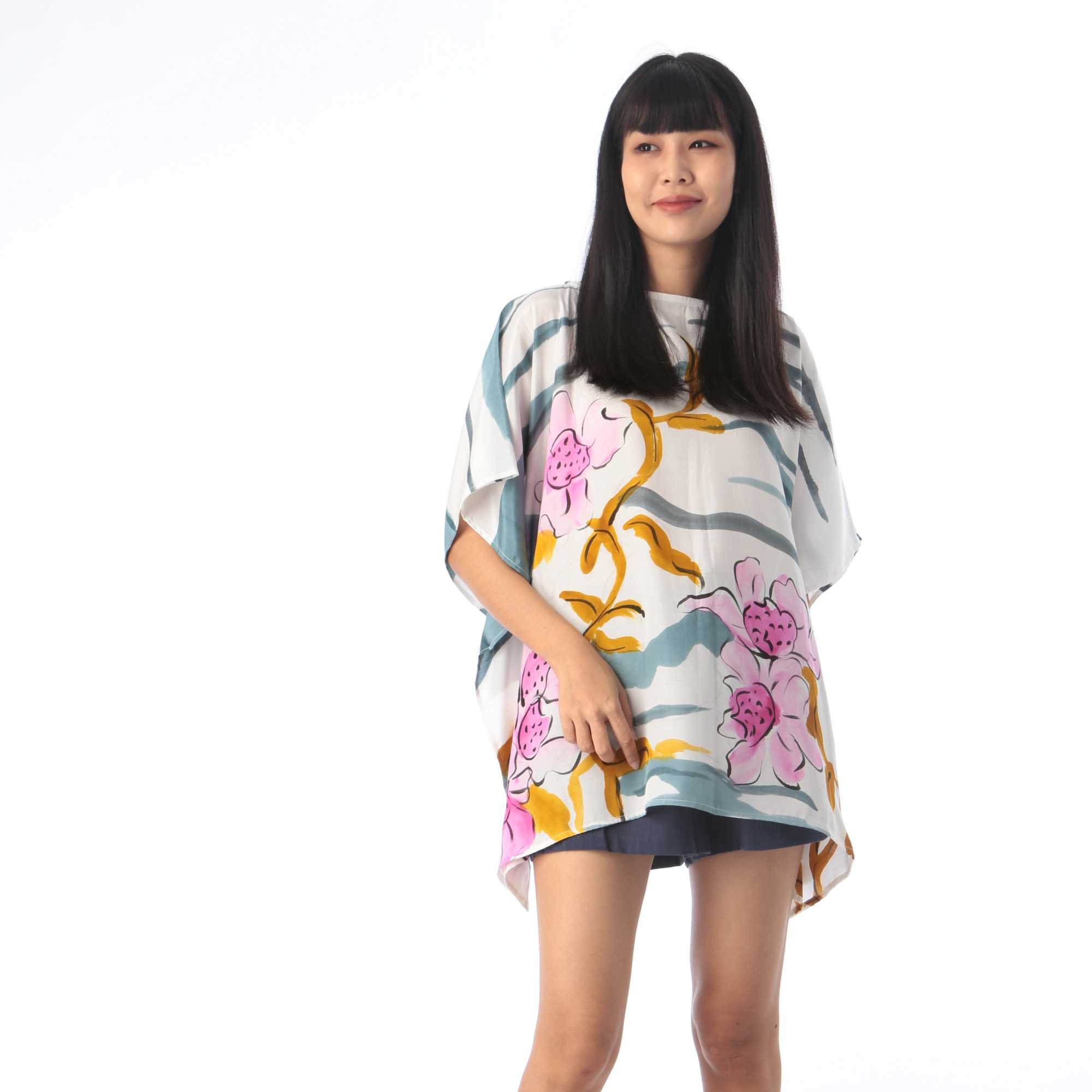 (Pre-order)Poncho Cotton Rayon Blouse Hand paint For Summer Beach Vacation Normal Size