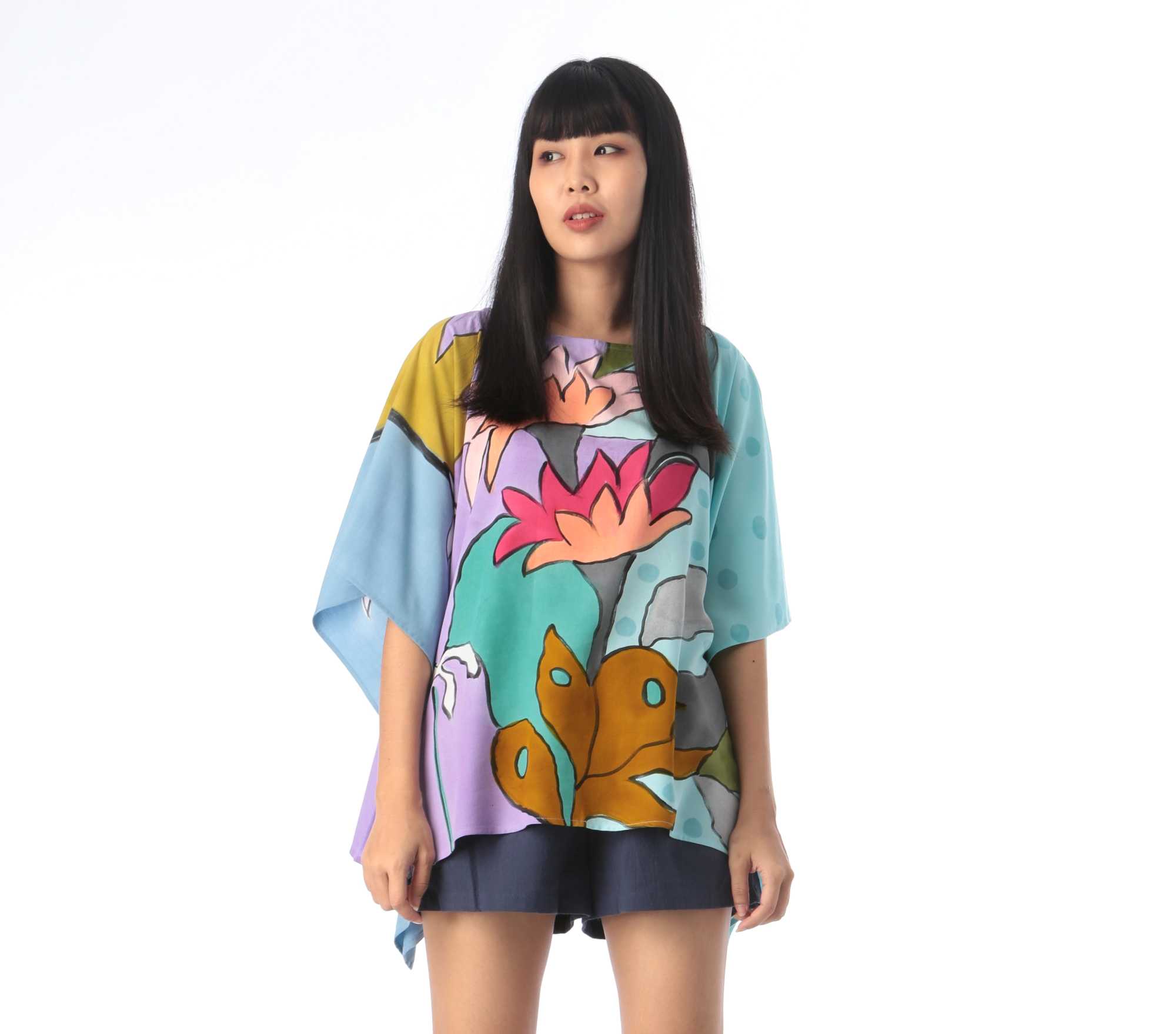 (Pre-order) Poncho Cotton Rayon Blouse Hand paint For Summer Beach Vacation Normal Size