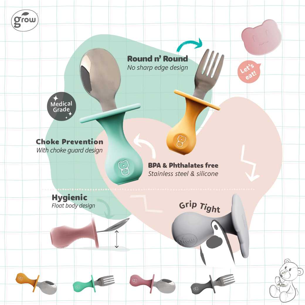 Grow My Grippi ~ premium utensil set โกรว มายกริ๊ปปี้ ชุดช้อนส้อมสแตนเลสจับถนัดมือ / baby feeding