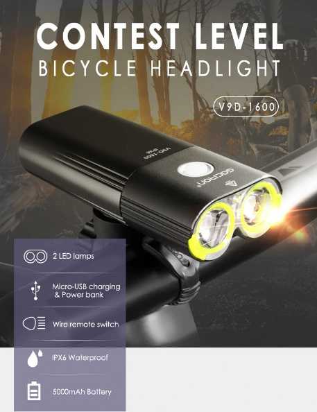 ไฟหน้าจักรยาน Gaciron V9DP หลอดคู่ สว่างสะใจ 1600 ลูเมนส์ ชาร์จไฟ USB และเป็น Power Bank