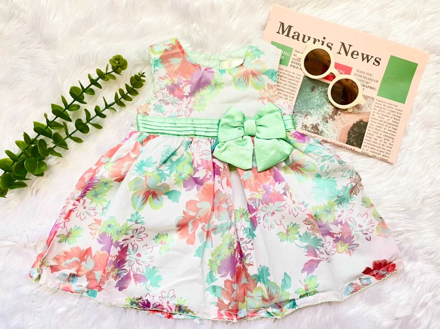 ( DS0023 ) เสื้อผ้าเด็กผู้หญิง ชุดเด็ก ชุดเดรสเด็กผู้หญิง ลายดอกไม้ tropical สีเขียวมิ้นท์ 1-4ปี 🍡