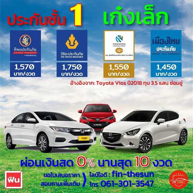 ประกันชั้น 1 เก๋งเล็ก ผ่อนได้ 0%นานสุด 10 งวด ไม่ต้องใช้บัตรเครดิต