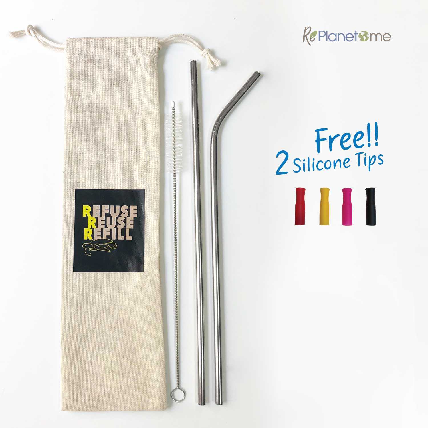 267x6mm Metal Straw Set Free Silicone Tips (ชุดหลอดเยติสแตนเลสแท้ ฟรี! ซิลิโคนหุ้มปลายหลอด&ถุงผ้า)