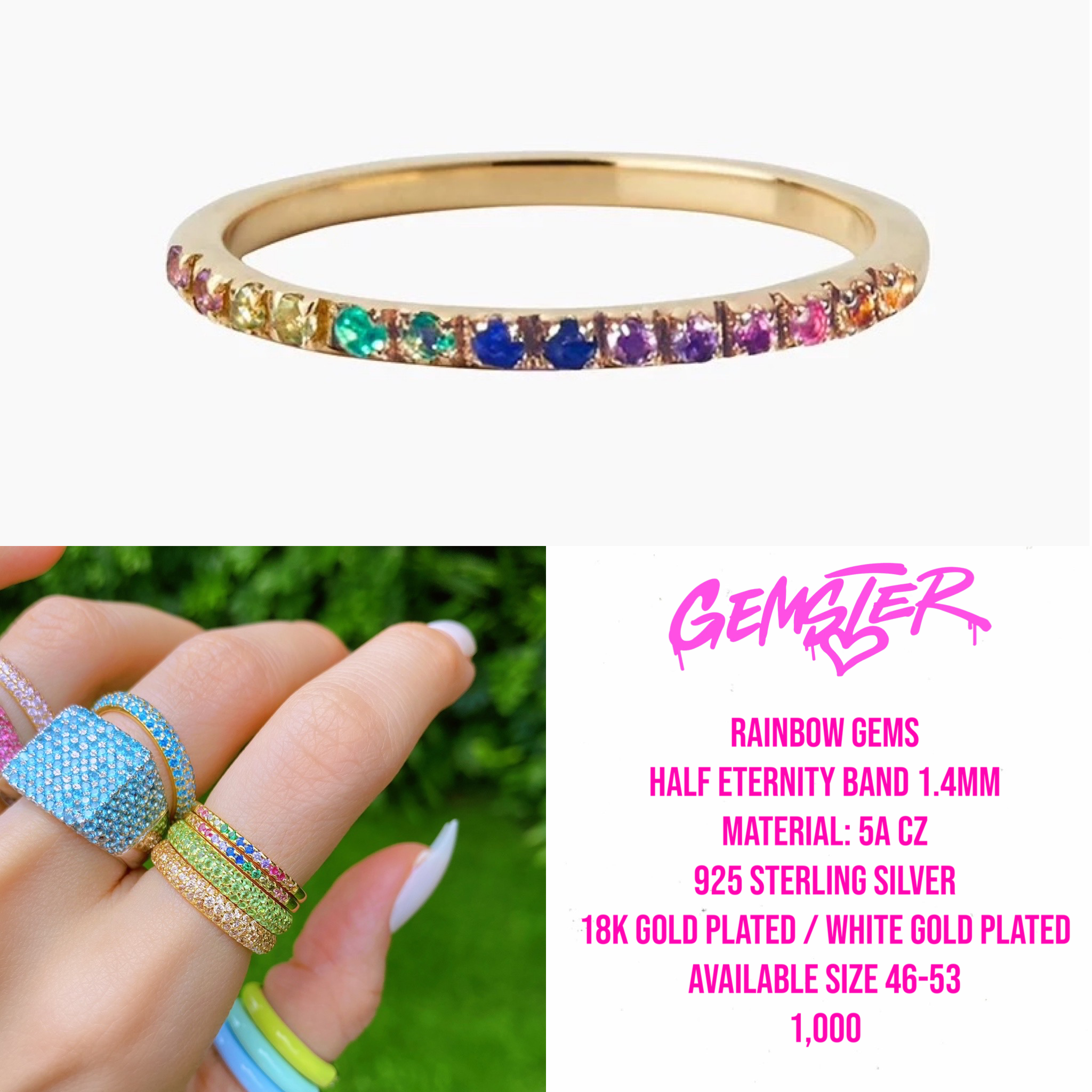 [พร้อมส่ง-Sample sale] Rainbow Gems Half Eternity Band 1.4mm Ring