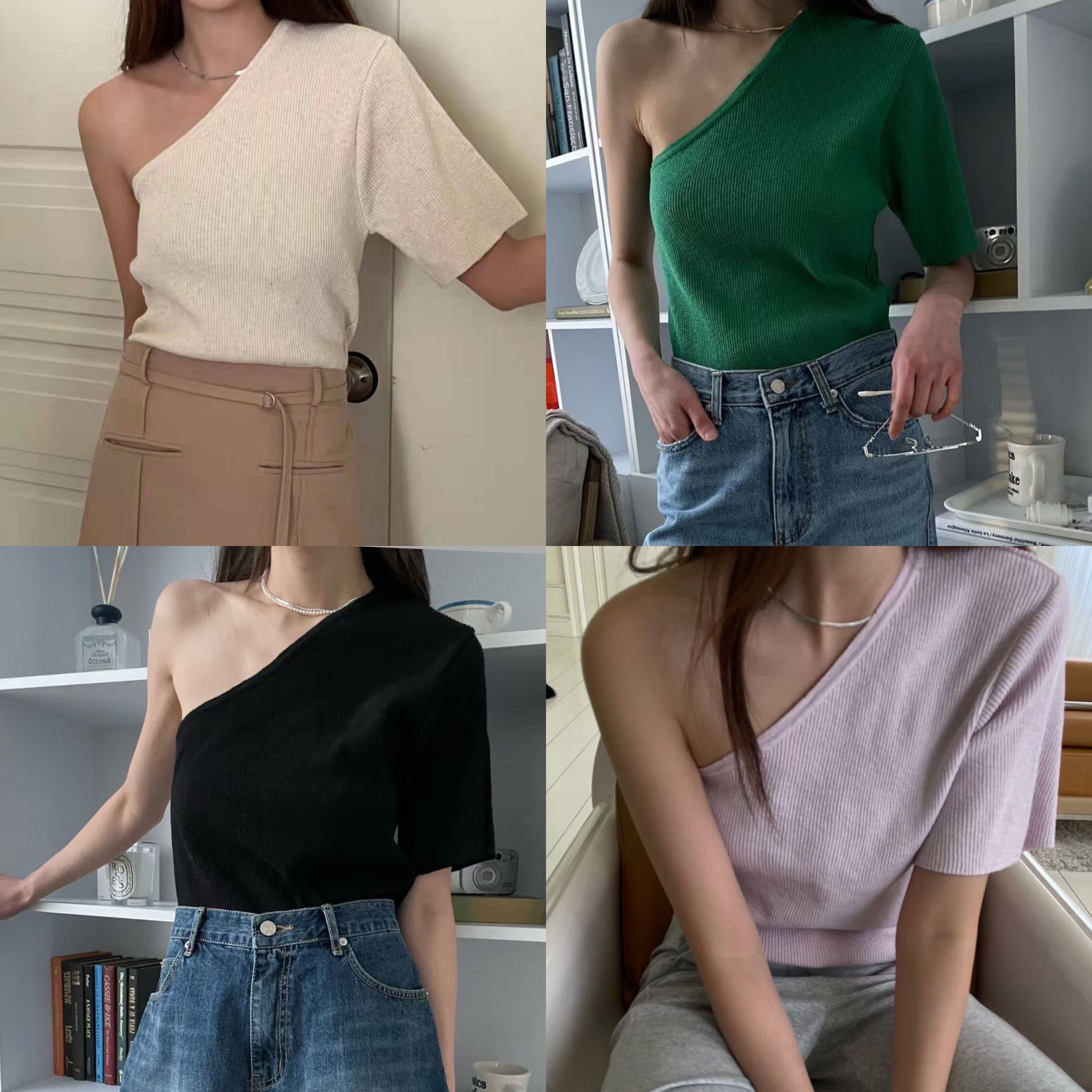 (พร้อมส่ง) one shoulder knit top
