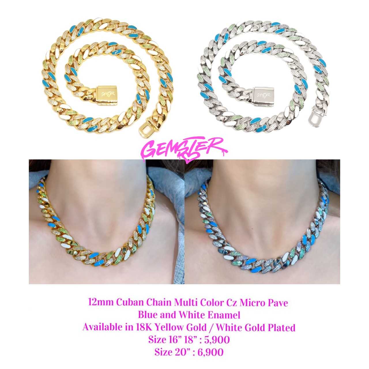 [พร้อมส่ง-Sample sale] 12mm Cuban Chain Multi Color Cz Micro Pave Blue and White Enamel