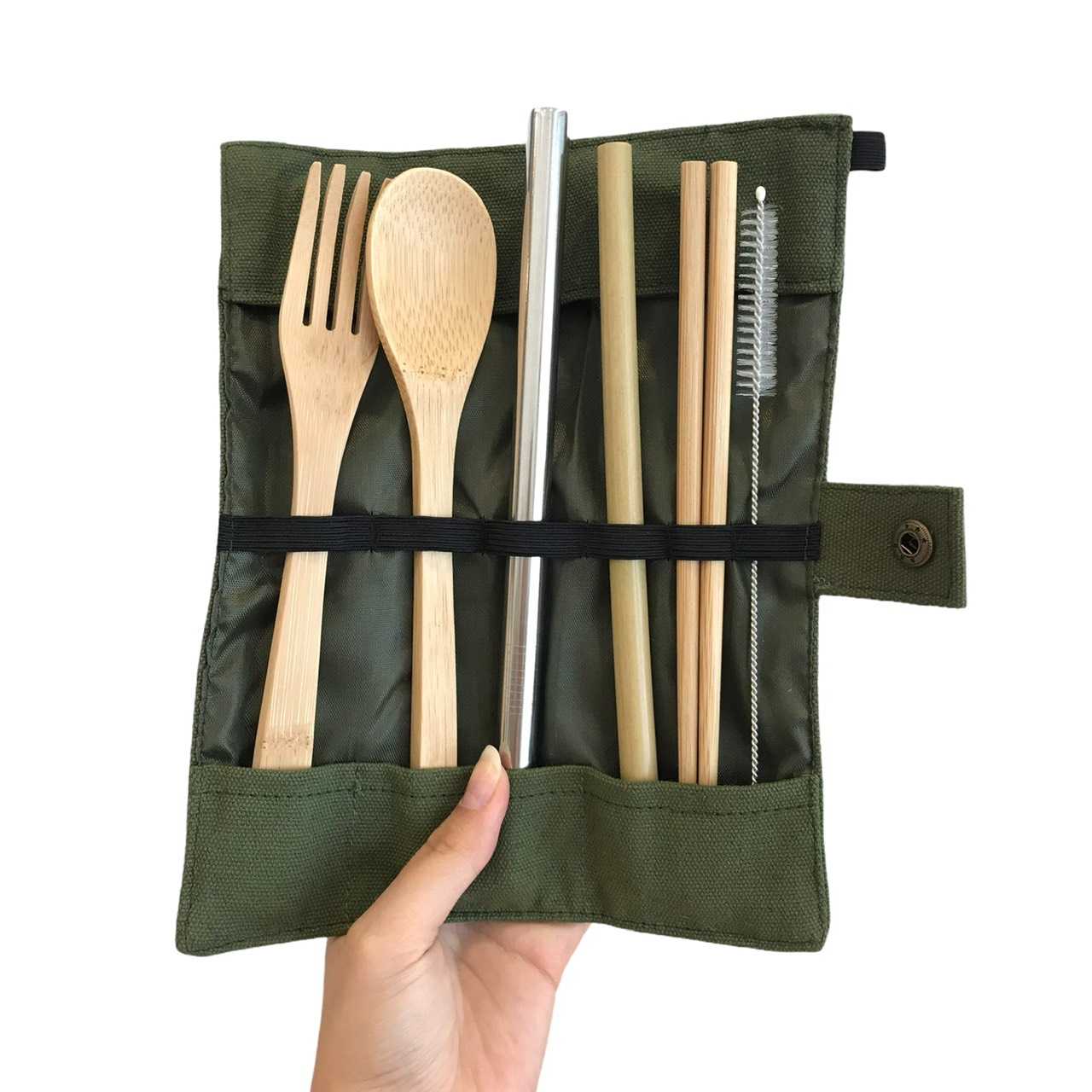 Khaki Pouch - Bamboo Utensil Full Set (ชุดช้อนส้อมไม้ไผ่ครบเซ็ทในถุงผ้ากากี)