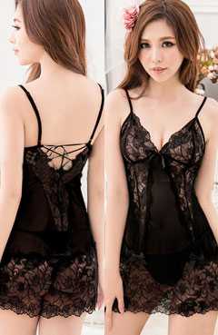 S-6XL 2 สี ชุดนอนซีทรู ชุดนอนเซ็กซี่ไม่ได้นอน ร้อยเชือกหลัง แต่งลูกไม้ สีแดง สีดำ