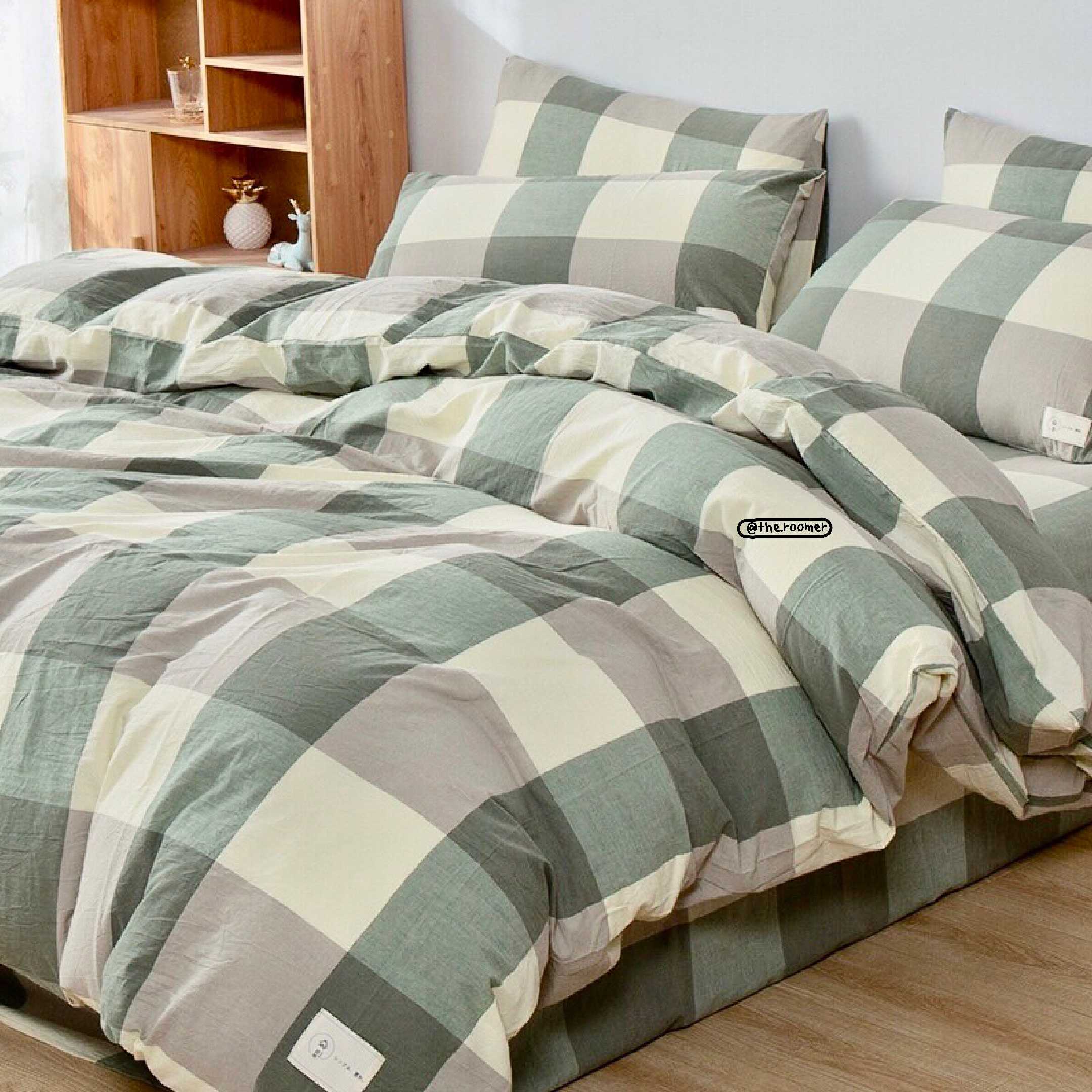 ชุดผ้าปูที่นอน ผ้านวม ตารางโทนสีเขียว