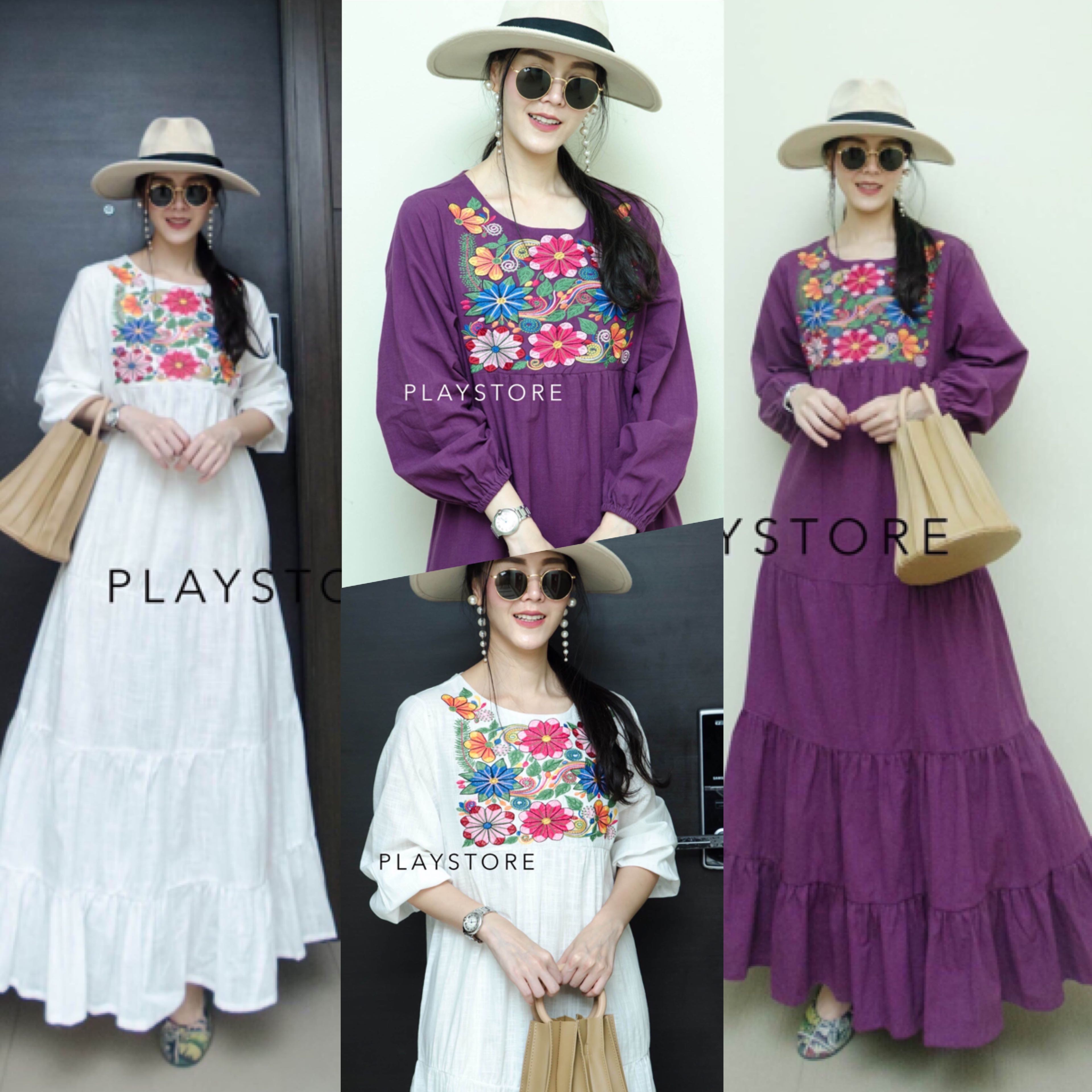 (นางแบบใส่ชุดขาย) BeacH TriP oF BohemianN MaxiDreSS พริ้วๆถ่ายรูปสวย เดรสยาว ต่อชั้น อกปักดอกไม้ 