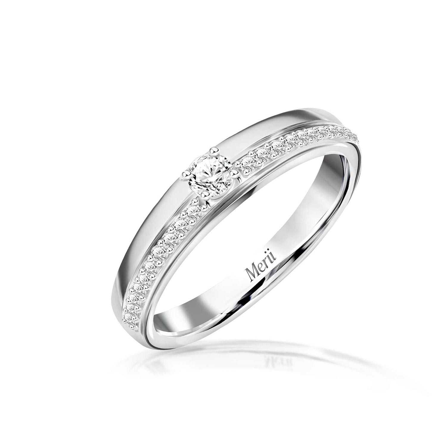 Couple Rings :  แหวนเงินแท้ 925 ชุบโรเดียม ประดับ Cubic Zirconia ขนาด 3 mm เม็ดเดี่ยวบ่าข้าง