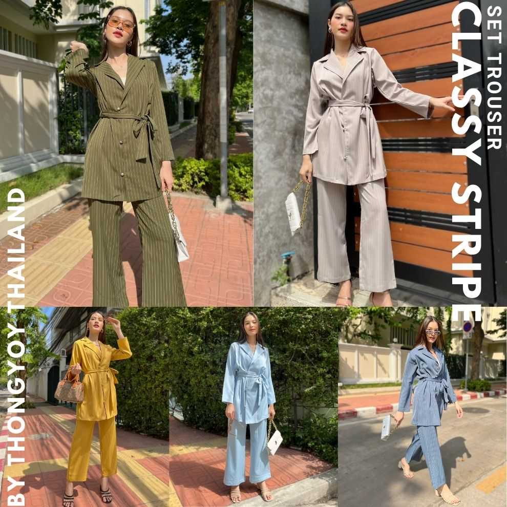 Set Dress Suit Classy stripes เดรสสูท&กางเกงขายาว2ชิ้น