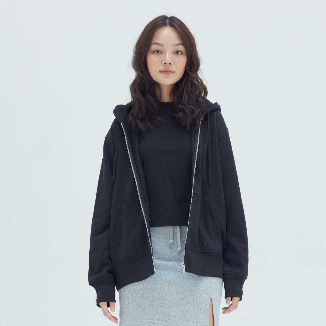 CIRCULAR เสื้อฮู้ดดี้ แขนยาว แบบซิป ผ้าเฟรนช์เทอร์รีย์ฟลีซ สีดำ Eclipse